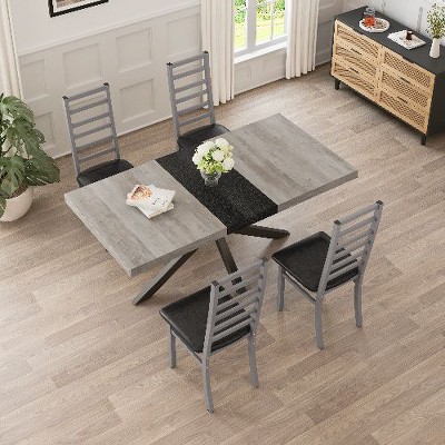 CAVINAS Retro Rectangular Expandable Dining Table with Antique Wood Top & Black Relief Plate, Cross Iron Base Stretch Dining Table with Storage Box