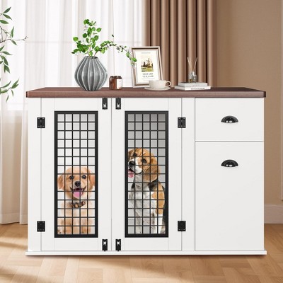 44'' Dog Crate Furniture with Drawer & Cabinet, Heavy Duty Dog Kennel Furniture, Wooden Indoor Pet Cage Side End Table for Small to Medium Pets