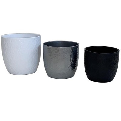 Ceramic Plant Pot 3-Piece Set – Hammered Design Indoor Pots, Matte White, Shiny Silver, Anthracite, Made in Germany, Waterproof, No Drainage Hole