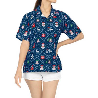 HAPPY BAY Women's Christmas Tree Vacation Holiday Party Short Sleeve Hawaiian Santa Claus Blouse Top Beach Gifts Shirt for Women