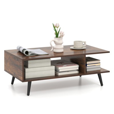 Tangkula 2-Tier Coffee Table w/ Compartments & Metal Legs Rectangle Tea Cocktail Table