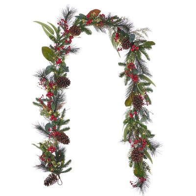 Christmas Magnolia Leaf, Eucalyptus, and Berry 9ft Garland, Pre-Lit with 50 LED Fairy Lights B/O