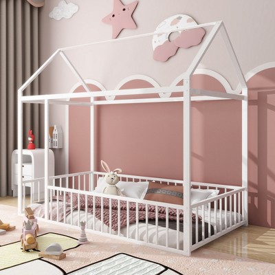 KTMBDW Twin/Full Montessori Bed Frame, Metal House Bed with Fence and Roof, Floor Bed for Boys Girls Bedroom