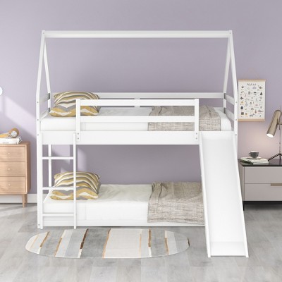 Gulches Twin Size Bunk House Bed with Slide and Ladder,White
