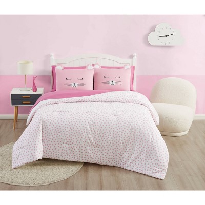 7pc Full My World Cat Nap Kids' Bed In A Bag - My World: Kids Bedding Set, Animal Icon, Pink/White, Microfiber