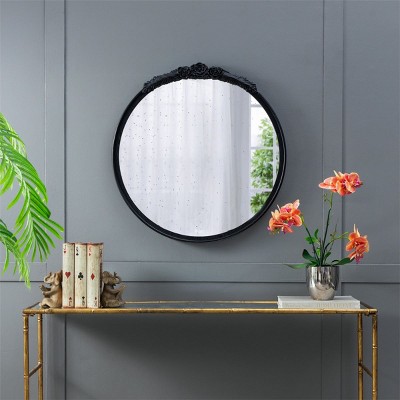 Wall Wood Mirror With Carved Rose Black Frame,Farmhouse Decorative Mirror,Rectangle Hallway Mirror,Antiqued Classic Accent Mirror-The Pop Home