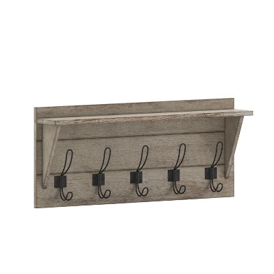 Emma and Oliver Rustic Country Wall Mounted Entryway Shelf with 5 Rustic Hooks and Wood Construction