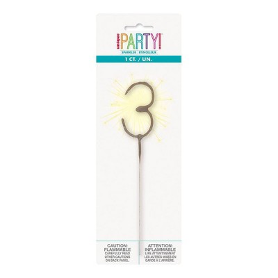 Number 3 Sparkler Flame Cake Candle: Gold Birthday Candle by Unique Industries, 7" Wax, Holiday Theme