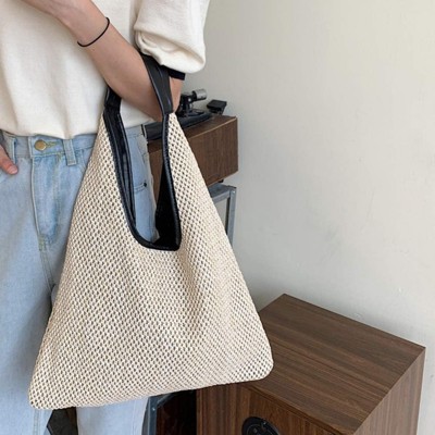 FATMOON Hand-woven Straw Shoulder Bag Boho Black Leather Top Handle Tote Retro Summer Beach Bag Holiday Travel Handbag