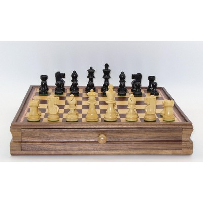 WorldWise Imports Chess Set - Small Black French Knight Chessmen on Walnut/Maple Chest