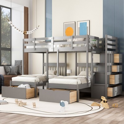 Full Over Twin & Twin Bunk Bed with Drawers and Guardrails