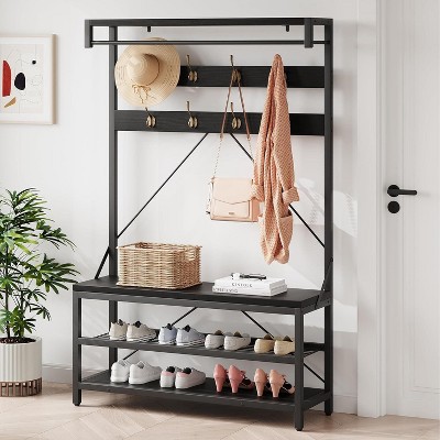 Acekool 3-Tier Entryway Organizer - Coat Rack with Shoe Bench & Storage Shelves, Industrial Design