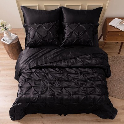 7-Piece Queen Satin Comforter Set - Luxurious Black Pinch Pleat Bedding with Sheets & Shams, All-Season Silky Soft