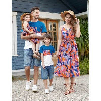 PATPAT Family Matching Mommy and Me Floral  Strap Midi Dresses and Splicing Short-sleeve T-shirts Sets