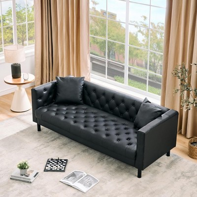 81 Inch Leather Couch for Living Room, Modern Leather Sofa with Deep Seat and 2 Pillows, Handmade Button Tufted 3 Seater Sofa , Black
