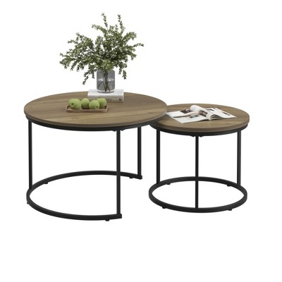 PDTEND 27.6 in. Round Nesting Coffee Table Set of 2, Wood Marble Pattern Top with Sturdy Metal Frame - Brown