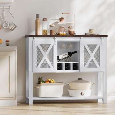 Wine Bar Cabinet with Sliding Barn Door, Coffee Cabinet with Wine Rack and Glass Holder, Kitchen Buffet Sideboard with Storage, Liquor Bar