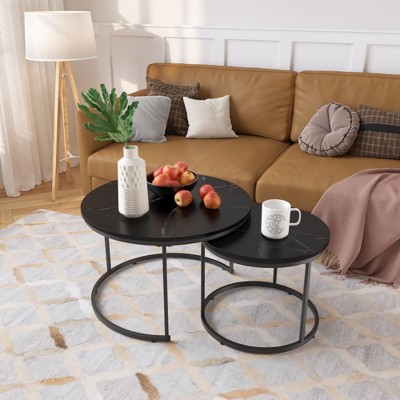 Rbied 27.56 in. 2-Piece Round Wood Nesting Coffee Table Side Table Set for Living Room Bedroom