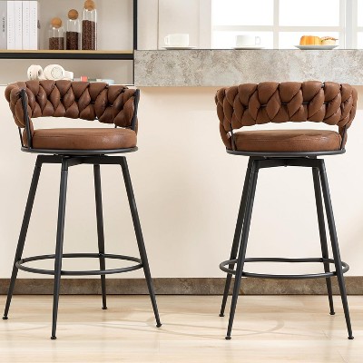 DYHOME 28 inch Bar Stools Set of 2, Modern Counter Height Bar Stools, 360° Swivel Suede Fabric Stool Chairs with Woven Back and Footrest