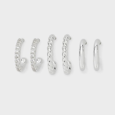 Silver Plated Cubic Zirconia and Twist Hoop Earring Set 3pc - A New Day™: Brass, Nickel-Free, Gift Box Included