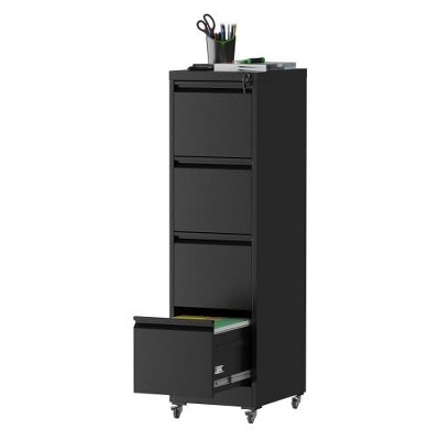 Munora - 4-Drawer Vertical File Cabinet with Lock & Wheels - Heavy Duty for A4/Letter/Legal Files - Black