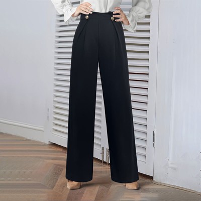 Women's High Waisted Dressy Pants Stretch Buttons Wide Leg Straight Casual Trouser