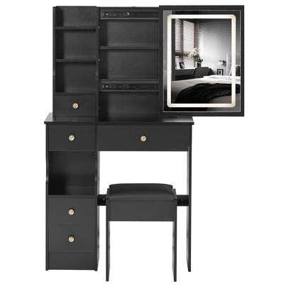 Okak Vanity Table and Chair Set, 29.2" Small Size Left Drawer Desktop Vanity Table with Extra Large Touch Control Sliding LED Mirror