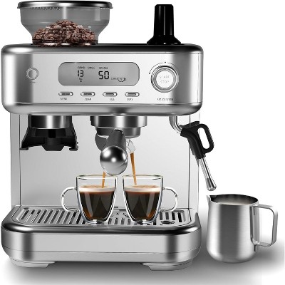 Acekool Espresso Machine with PID & Display, 15 Bar Semi Automatic Coffee Maker, Stainless Steel, Built-in Grinder & Steam Wand for Latte, Cappuccino