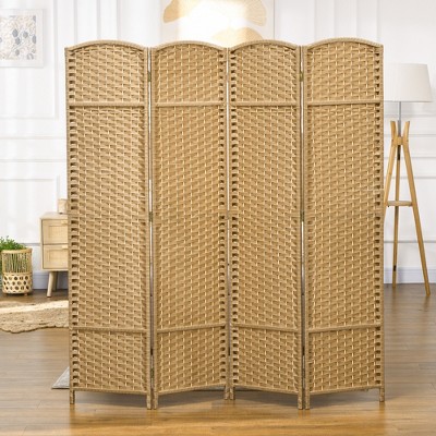 MAYEERTY 4 Panel Folding Privacy Screen 5.6'Tall Freestanding Wall Partition for Home Office Natural Wood