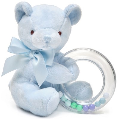 Bearington Baby Polky Blue Plush Stuffed Animal Teddy Bear Shaker Toy Ring Rattle, 5", For Ages 0-14