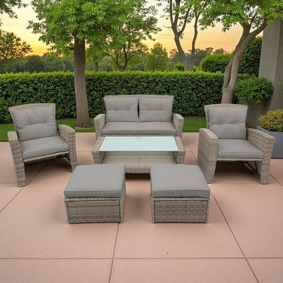 6-Piece Outdoor Patio Rattan Conversation Sofa Set with Tempered Glass Coffee Table and Ottoman