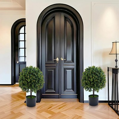 Artificial Topiary Trees Set of 2  Fake Topiary Boxwood Ball Tree with Fruits  Faux Shrubs Plants Green Decor Indoor Porch Garden Decorative Plastic