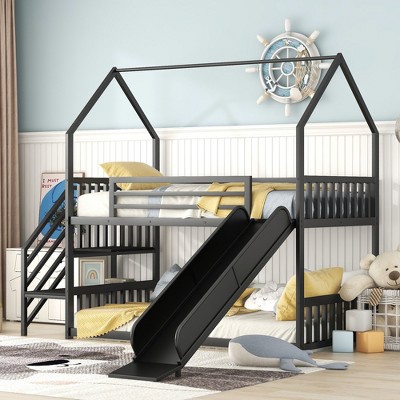 Whisen Twin Size House-shaped Metal Bunk Bed with Slide and Staircase
