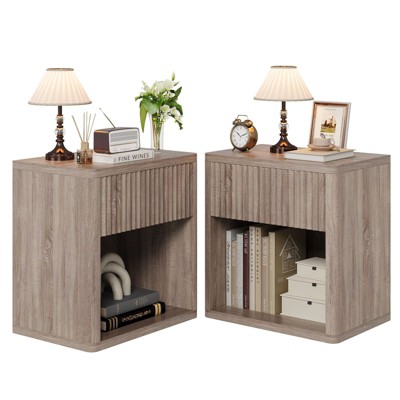 Night Stand Set of 2, Wooden Nightstands with Drawer and Storage Shelf, Minimalist Sofa Bed Side Accent Table with Fluted Panel, Modern End Table for