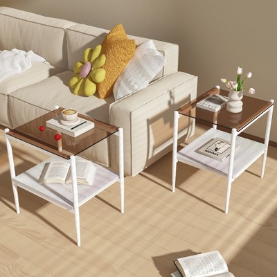 19"W Set of 2 Rectangle End Table Side Table Corner Table with Tempered Glass Tabletop and MDF Shelf-ModernLuxe
