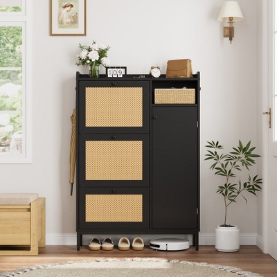 WhizMax Rattan Shoe Storage Cabinet with 3 Flip Drawers, Freestanding Organizer with Adjustable Shelves for Entryway, Narrow Shoe Rack Cabinet