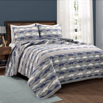 Kids' Stone Age Dinosaur Reversible Quilt Set Navy/Gray - Lush Décor