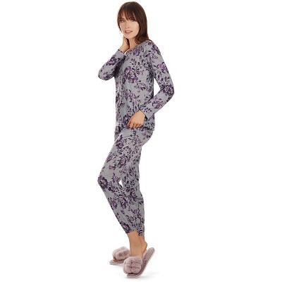 Memoi Women's 2 Piece Purple Blossom Long Sleeve and Tapered Pant Pajama Set Purple S