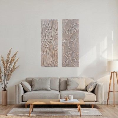 Royal Hampton 2pc Wood Wall Art Panels | 16x48 Inch Abstract Geometric and Wave Pattern Decor| Distressed Gray