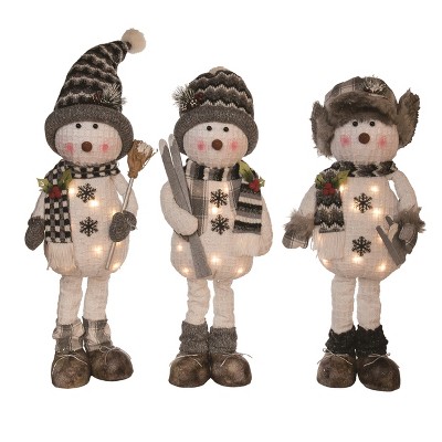 Transpac Plush Light Up Rustic Snowman Set of 3 Christmas Home Decorations for Festive Holiday Cheer