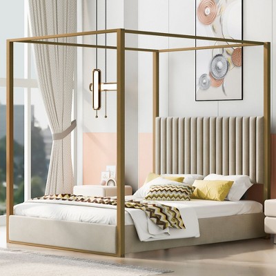 CAVINAS King Size Canopy Bed Modern Pine Bed Frame with Headboard and Support Legs for Bedroom