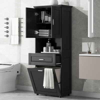 The Misty Moon Tall Bathroom Cabinet with Laundry Basket, Large Storage Space Tilt-Out Laundry Hamper and Upper Storage Cabinet, White