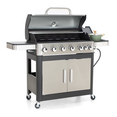 Captiva Designs 6 Burner Gas Grill with side burner & Porcelain Enameled Cast Iron Grate 65800 btu E02GR009: Rotisserie Compatible, Heat-Resistant