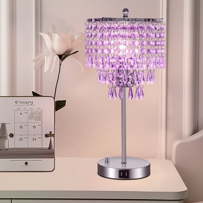 DORESshop 17 in. Chrome LED Integrated Table Lamp with Purple Crystal with 3-Way Dimmer Rotary Switch and Dual USB Charging Ports