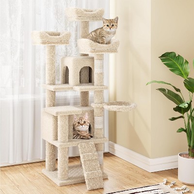 63 Inches Multi-Level Cat Tree Tower with Condo, Plush Perches, Scratching Posts, Hammocks, and Play House, Beige