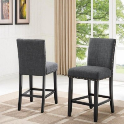 Linen Fabric Upholstered Counter Bar Stool Set Of 2,Counter Height Kitchen Chairs With Nailhead Trim,Wood Counter Dining Chairs-Cuddlewood