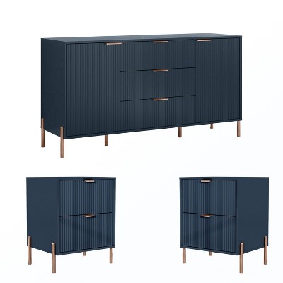 Festivo 3pc Modern Elegance 2 Drawer Nightstands and 3 Drawer Dresser Set Navy
