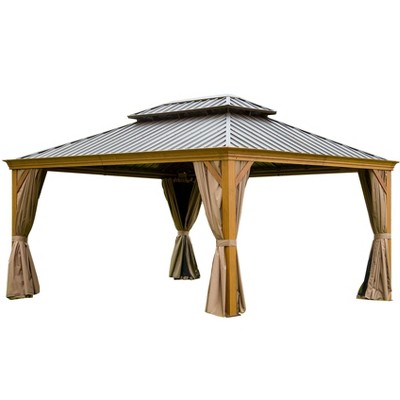 PAGED 10'X12' Hardtop Outdoor Canopies and Gazebos with Galvanized Steel Double Canopy for Patios Deck Backyard, Curtains and Netting, Brown