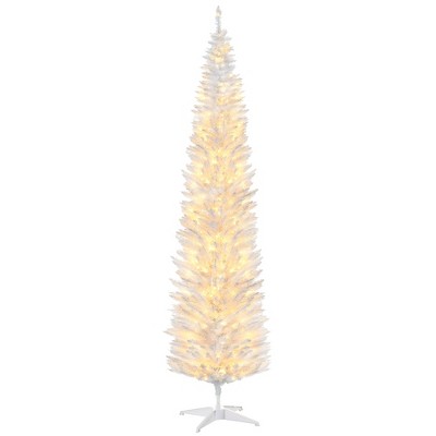 HOMCOM 8' Tall Pre-Lit Slim Noble Fir Artificial Christmas Tree with Realistic Branches, 300 Warm White LED Lights and 618 Tips, White