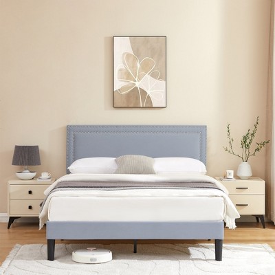 VECELO Velvet Upholstered Platform Bed Frame with Adjustable Headboard, Sturdy Wood Slats & Metal Support, No Box Spring Needed, Twin/Full/Queen Size
